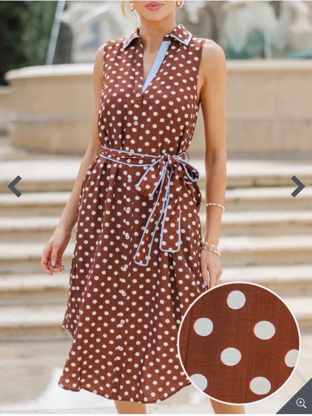 THML Brown Polka Dot Sleeveless Shirt Dress with Waist Tie